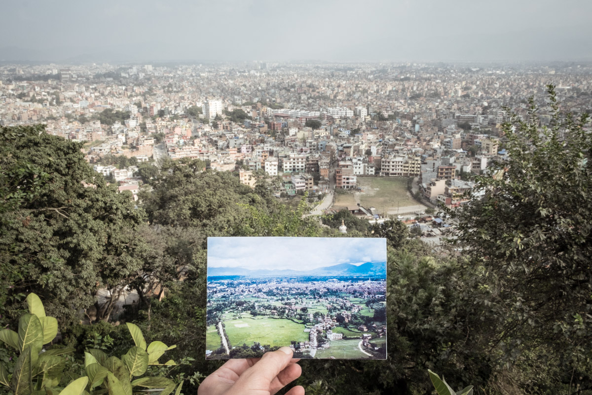 Kathmandu, Nepal, seen from above. Before/After effect. 