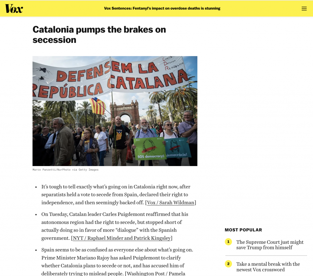 Publication in Vox: Catalonia pumps the breaks on secession